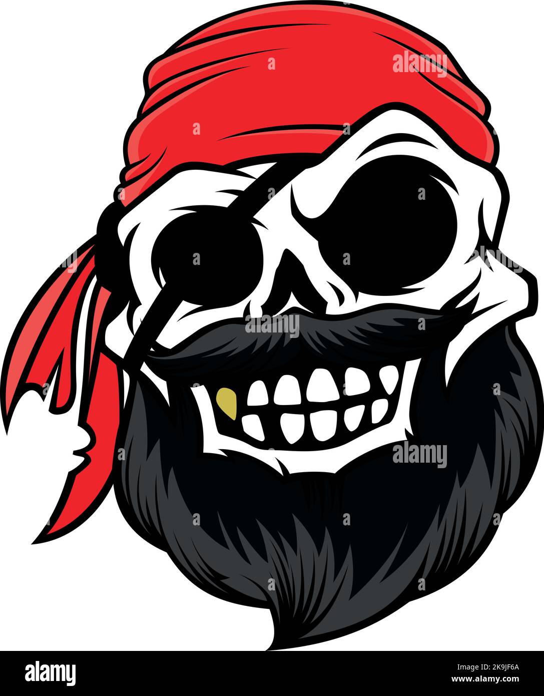 Piratenschädel mit Bart, Bandana, Augenklappe und Lächeln, um seinen goldenen Zahn zu zeigen Stock Vektor