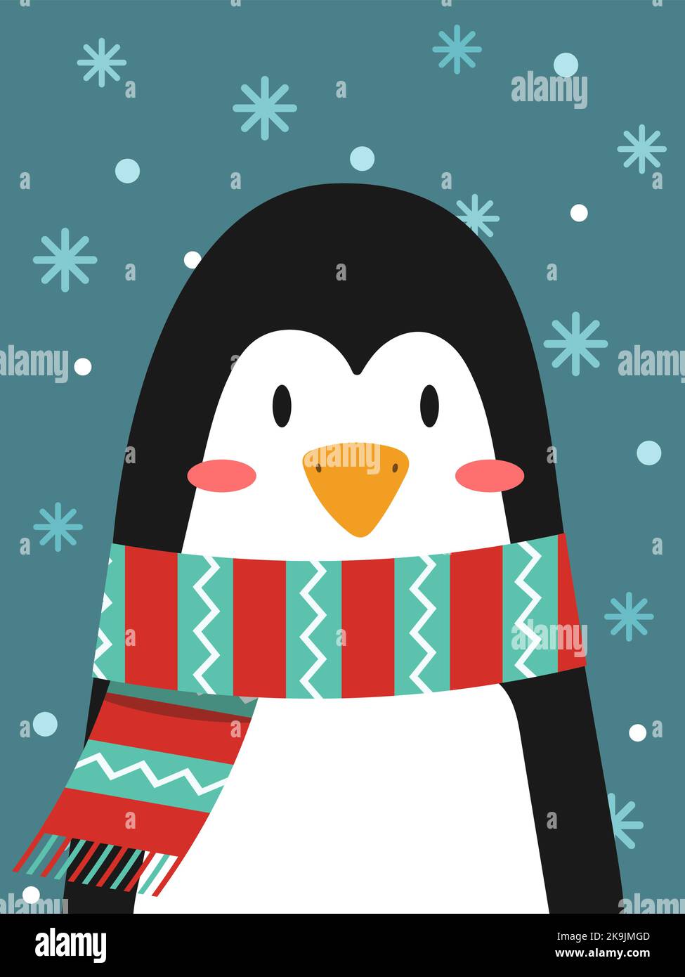 Neujahrskarte. Niedlicher Pinguin in einem gestreiften Schal. Vektorgrafik. Stock Vektor