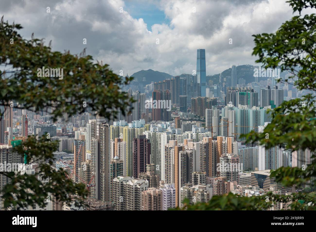 Das ICC, das höchste Gebäude Hongkongs, überragt die Hochhausanlage von Kowloon, die vom Piper's Hill, 2017, aus gesehen wird Stockfoto