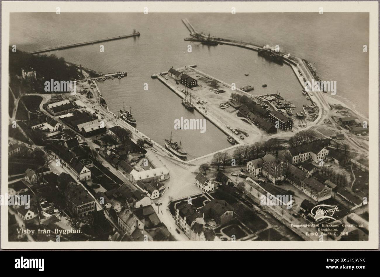 Luftaufnahme im Hafengebiet in Visby an der Ostsee. Stockfoto