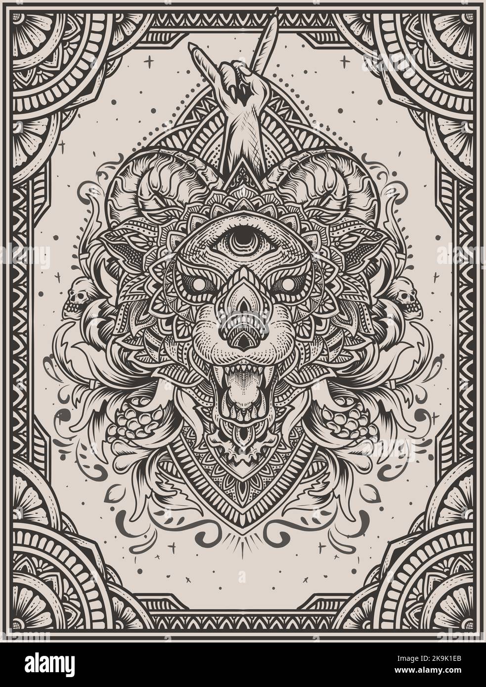 Illustration Wolf Kopf Mandala Stil mit Gravur Ornament Stock Vektor