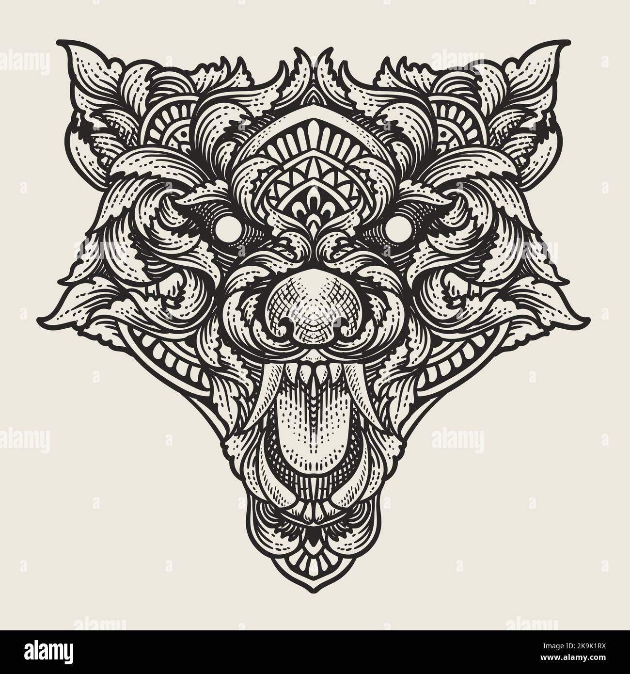 Illustration Wolf Kopf mit Gravur Stil Stock Vektor