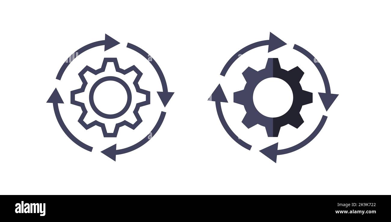 Zahnrad-Workflow-Verarbeitungslinie und flaches Symbol. Isolierte Vektordarstellung Stock Vektor