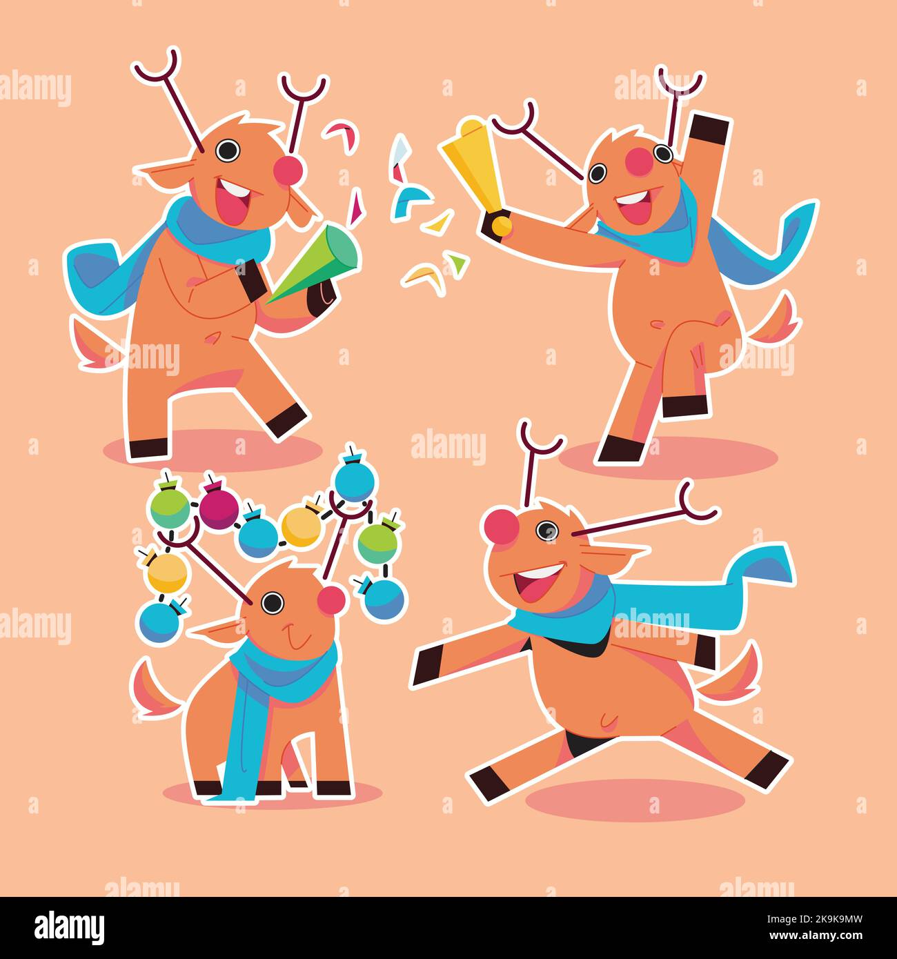Weihnachtsmann Rentiere mit Spaß dekorieren in flachem Design Stock Vektor