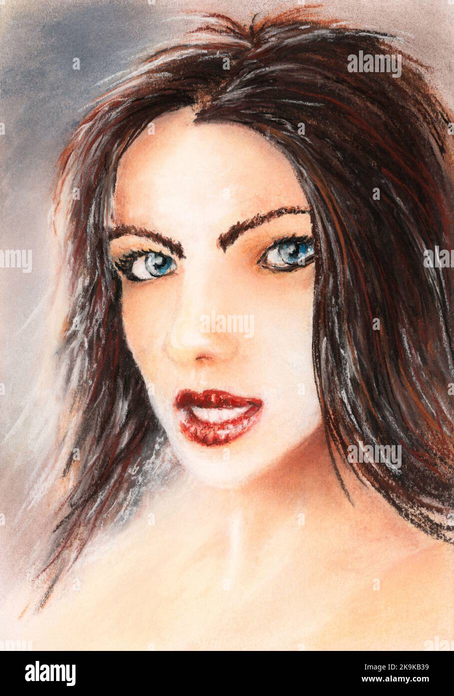 Porträt einer jungen Frau. Weiches Pastell auf Papier. Stockfoto
