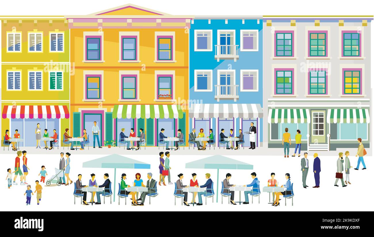 Stadtsilhouette mit Restaurants und Bistros im Wohngebiet, Illustration Stock Vektor