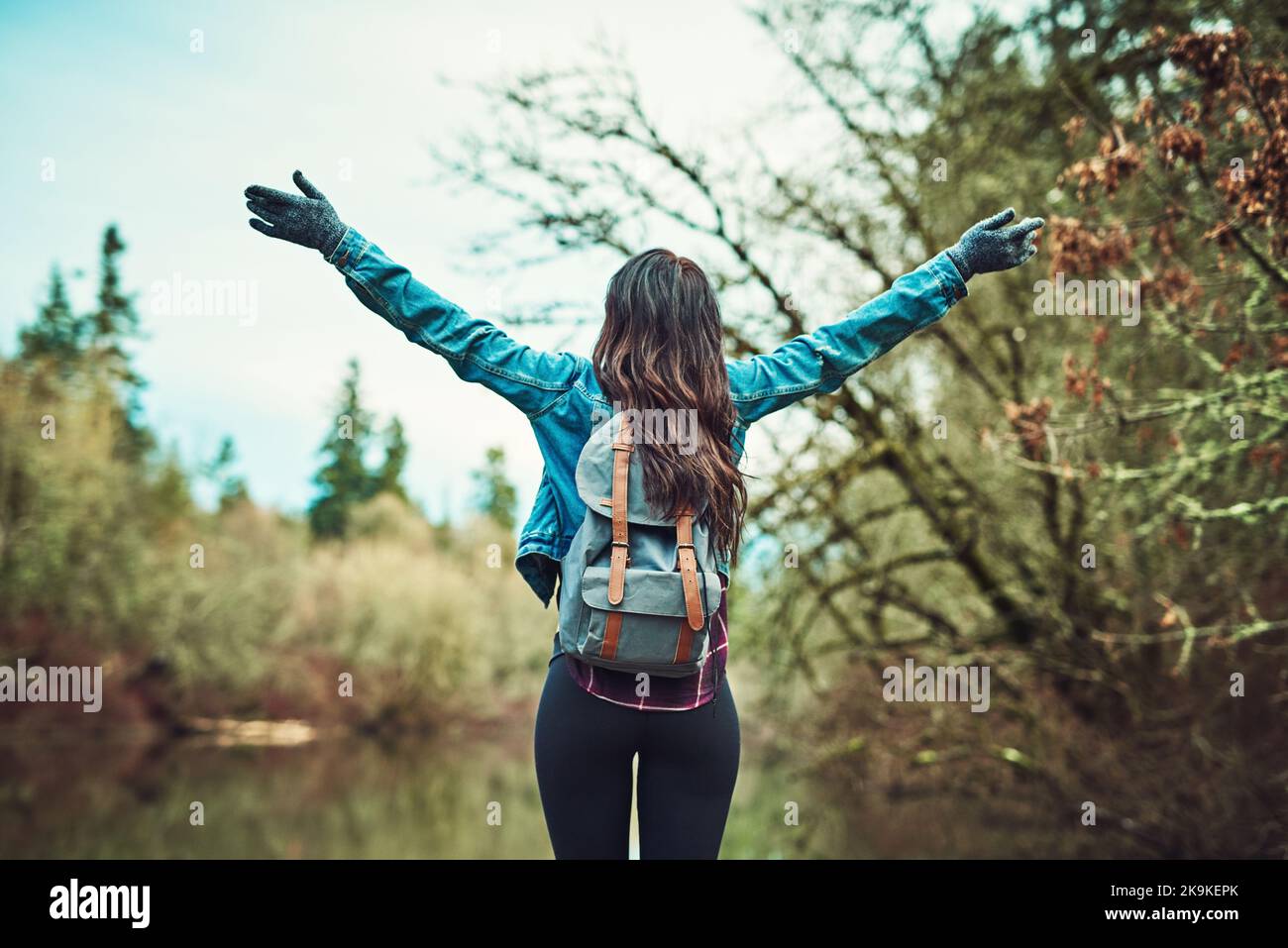 Gehen Sie irgendwo hin, wo Sie noch nie waren und Sie werden es lieben. Rückansicht einer nicht erkennbaren Frau im Wald. Stockfoto
