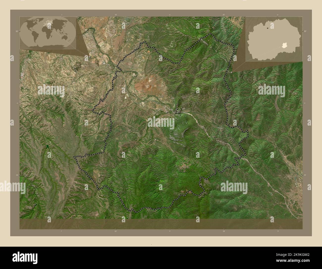 Demir Kapija, Gemeinde Mazedonien. Hochauflösende Satellitenkarte. Karten für zusätzliche Eckposition Stockfoto
