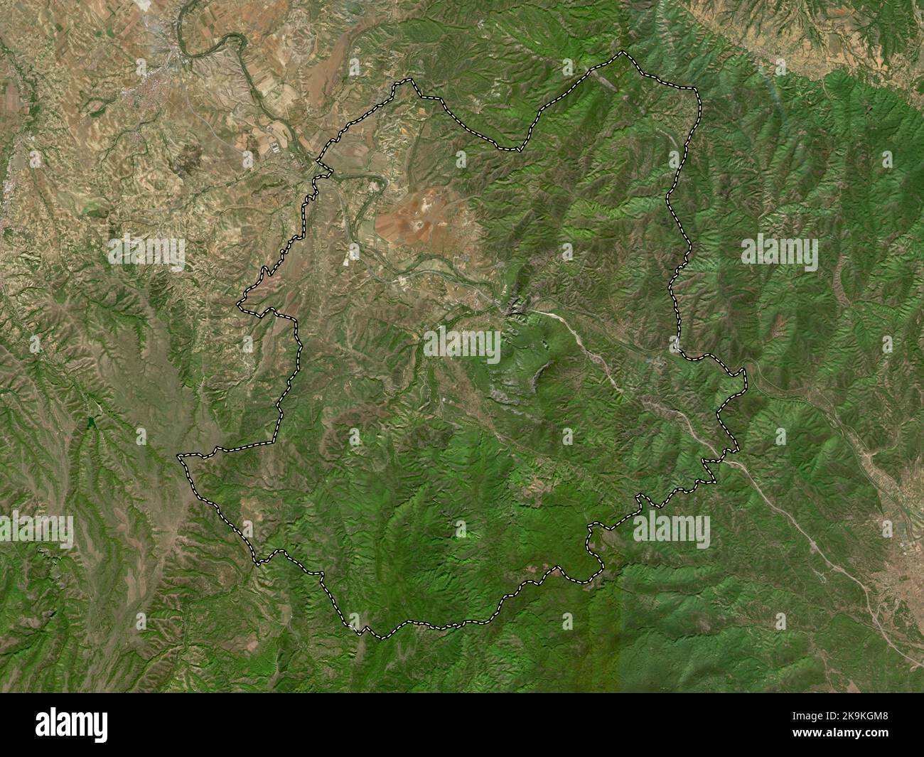 Demir Kapija, Gemeinde Mazedonien. Hochauflösende Satellitenkarte Stockfoto