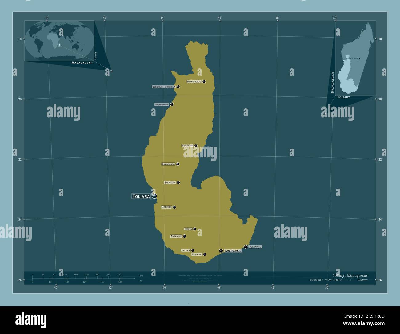 Toliary, autonome Provinz Madagaskar. Einfarbige Form. Orte und Namen der wichtigsten Städte der Region. Karten für zusätzliche Eckposition Stockfoto