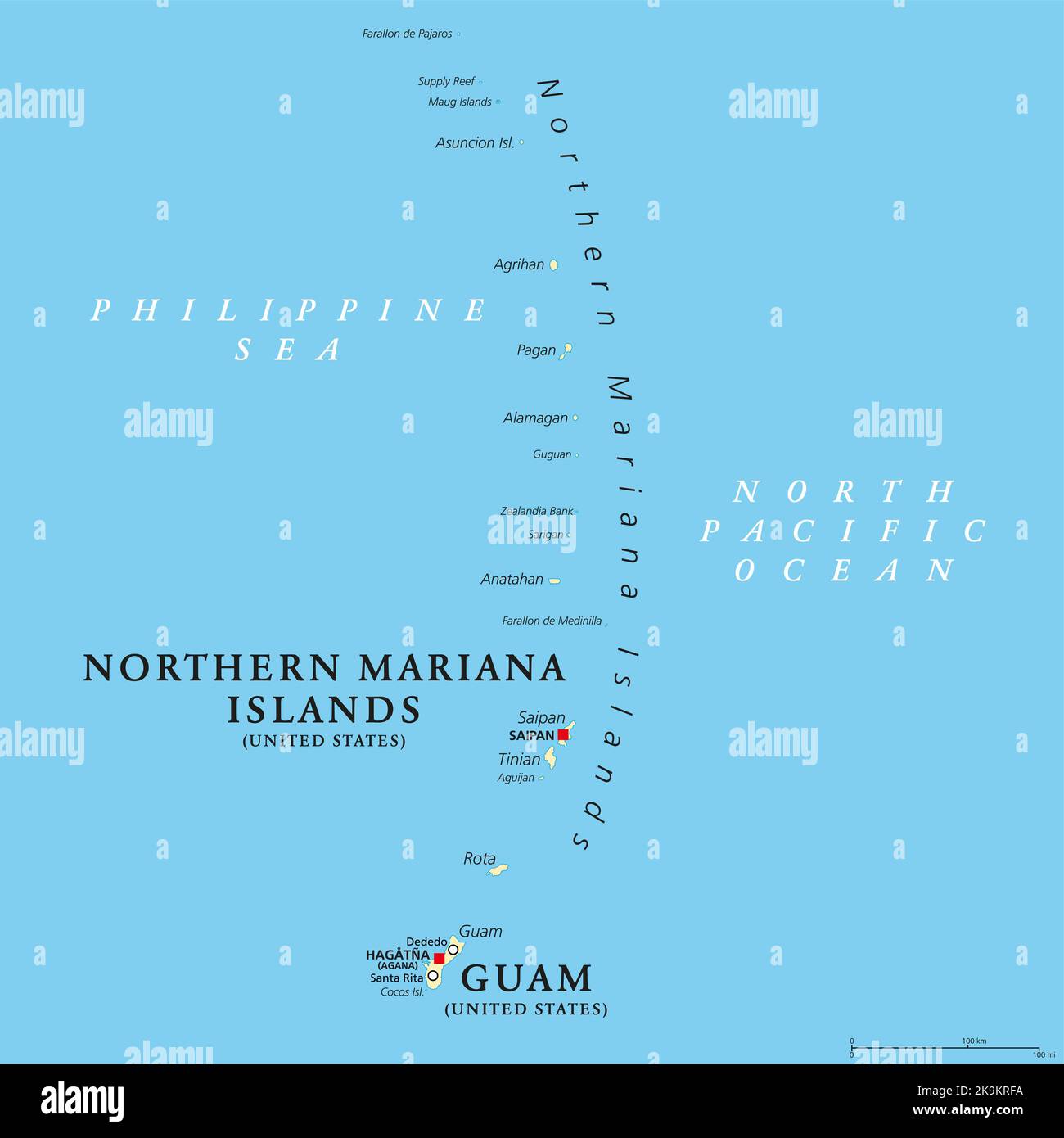Guam und Nördliche Marianen, politische Karte. Zwei separate, nicht eingegliederte Gebiete der Vereinigten Staaten von Amerika in der Teilregion Mikronesien. Stockfoto