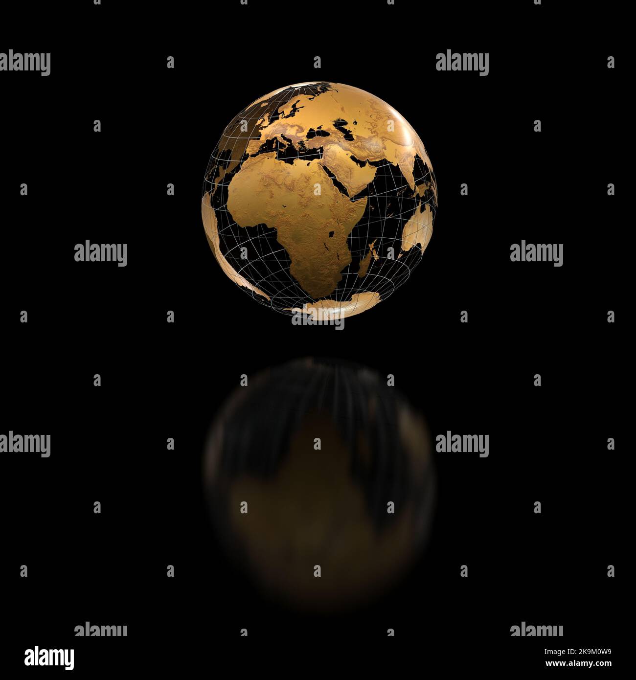 golden Earth Globe Metallic Finish schwarzer Hintergrund - 3D Rendering Stockfoto