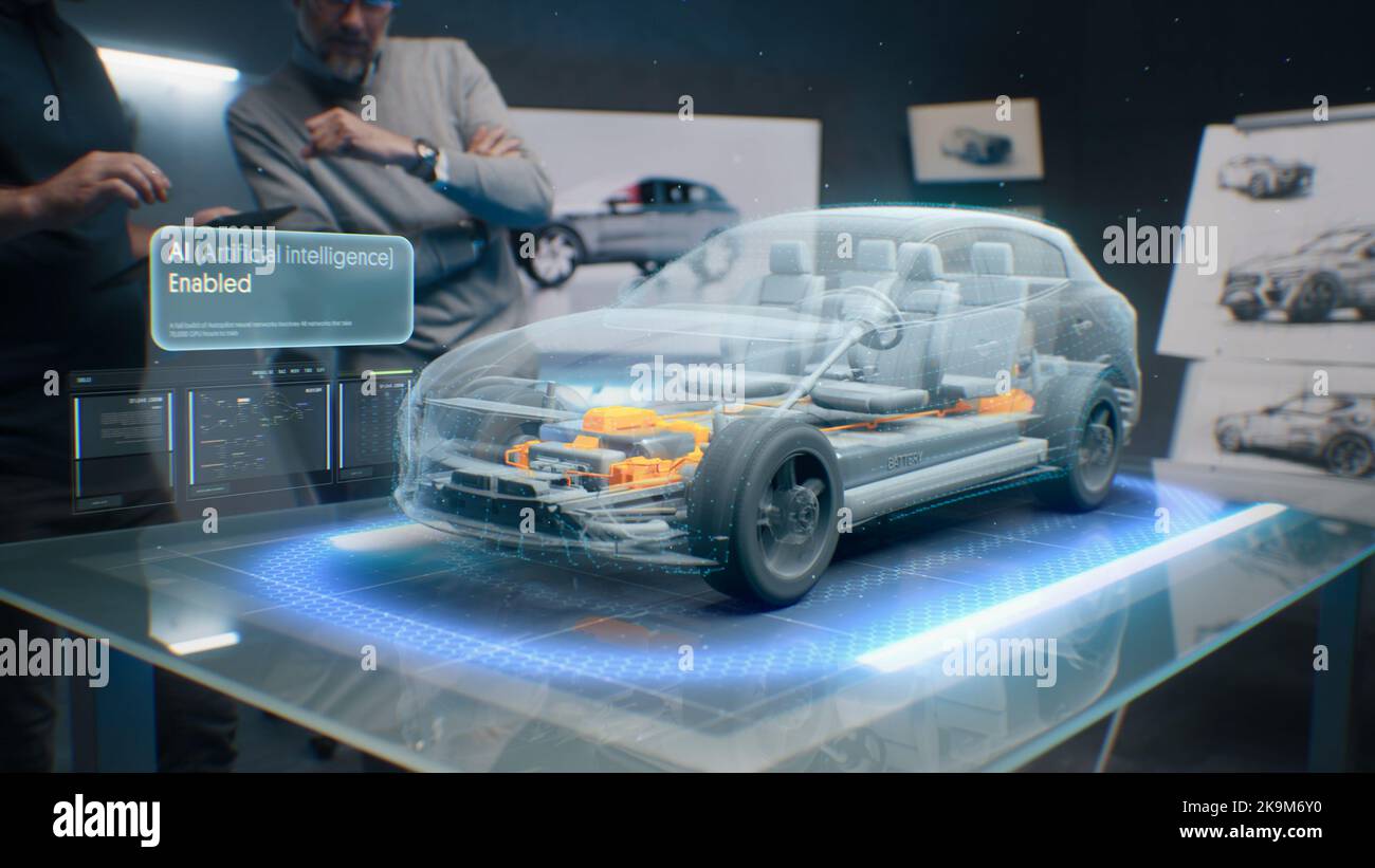 Entwicklungsingenieure testen das fahrerlose Autopilotsystem, das in ein Elektroauto mit künstlicher KI integriert ist. Sie nutzen innovative, innovative 3D-Modellierungstechnologie der Visualisierung Stockfoto