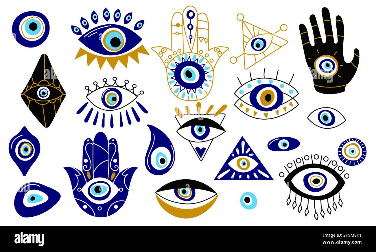 Doodle böses Auge. Cartoon traditionelle türkische Glück Amulette zeitgenössischen Stil, magische Hamsa Hand Talisman spirituelle esoterische Souvenirs. Vektorset Stock Vektor