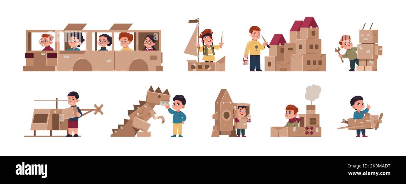 Spiele aus Pappe. Nette Cartoon Kinder spielen Boxen Gebäude Papier Karton Burg, junge Mädchen Figuren mit handgemachten Spielzeug. Vector Kollektion Stock Vektor