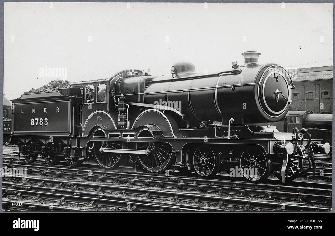 Dampflokomotive in Bangård, London North Eastern Railaway, L.N.E.R. LOK 8783. Stockfoto