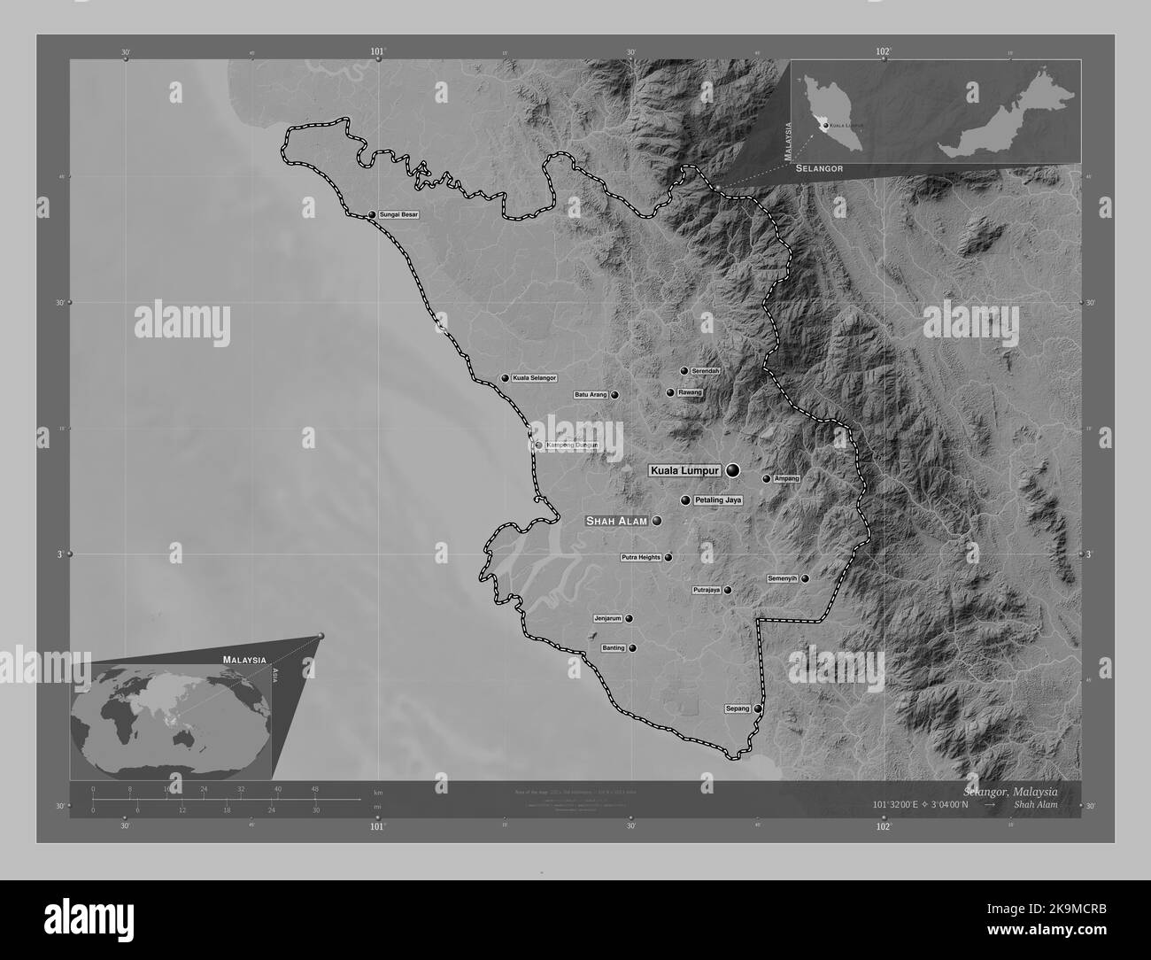 Selangor, Bundesstaat Malaysia. Höhenkarte in Graustufen mit Seen und Flüssen. Orte und Namen Selangor, Bundesstaat Malaysia. Höhenkarte in Graustufen mit Seen und Flüssen. Orte und Namen