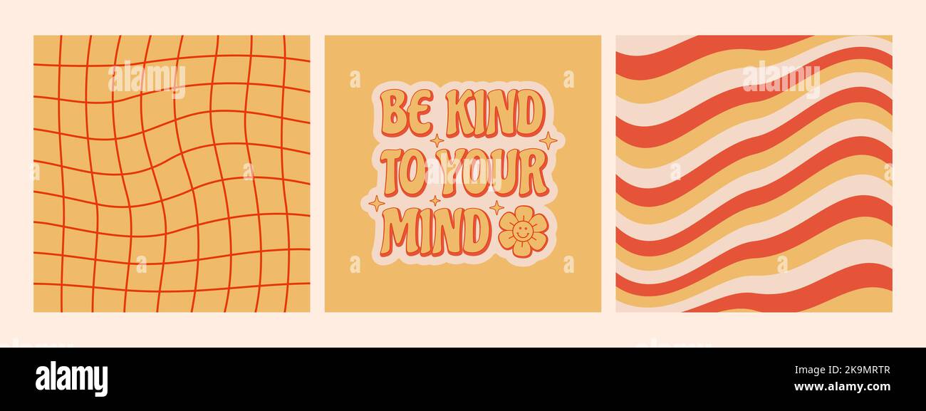 Satz von Retro-Postern. Slogan „Be Kind to your Mind“ mit karierten und abstrakten Wellenhintergründen im Retro-70s-Stil. Vektorgrafik. Stock Vektor