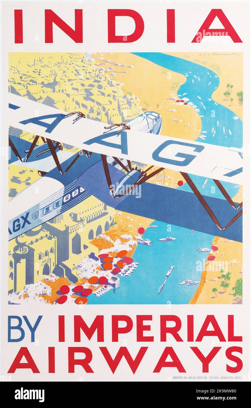 Vintage 1930s Imperial Airways India Poster mit Handley Page 42 der Hannibal fliegt über Varanasi, indische Stadt am Ganges. Stockfoto