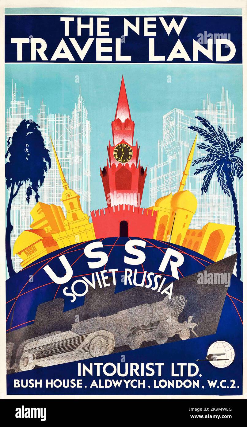 Russisches Reiseposter im Vintage 1930er. Max Litvak & Robert Fedor, DAS NEUE REISELAND, UdSSR SOWJETRUSSLAND. c 1930 Stockfoto