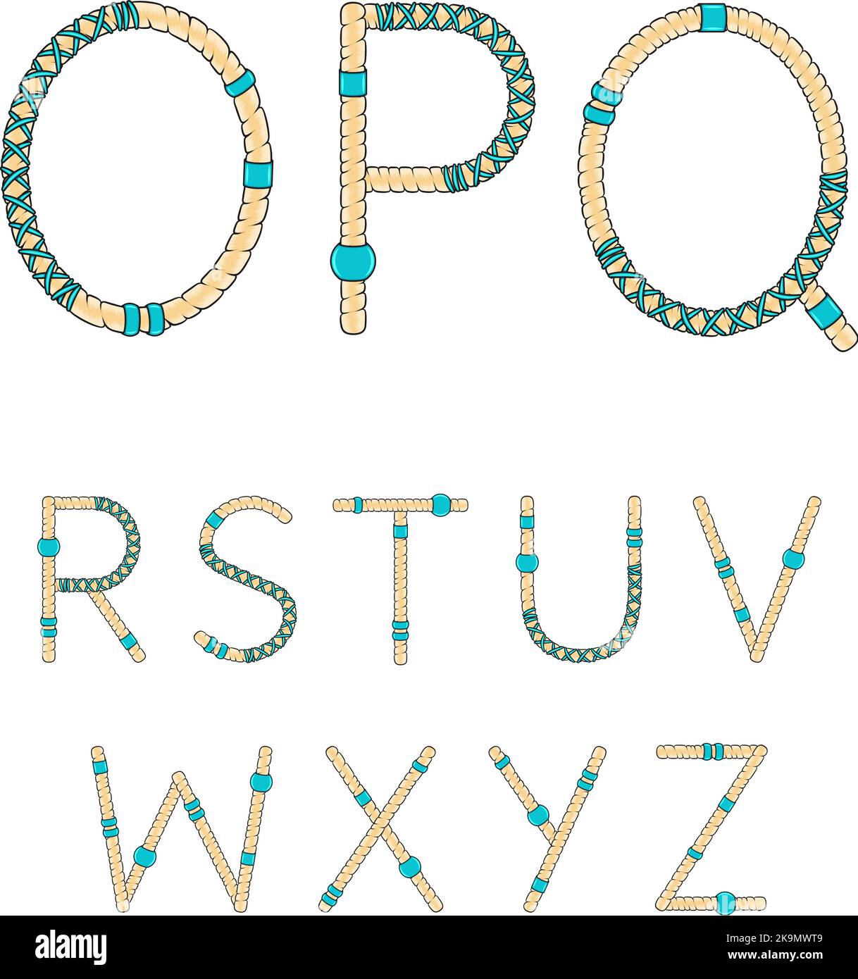 Schrift, Alphabet, Buchstaben von Dreadlocks von O bis z. isolierte Vektorobjekte auf weißem Hintergrund. Stock Vektor