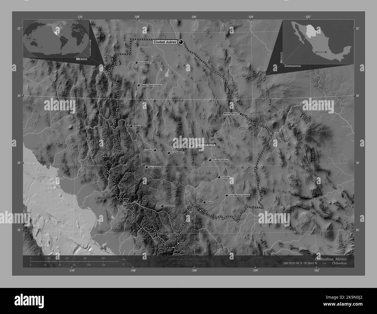 Chihuahua, Bundesstaat Mexiko. Bilevel-Höhenkarte mit Seen und Flüssen. Orte und Namen der wichtigsten Städte der Region. Zusätzliche Position der Ecke Stockfoto