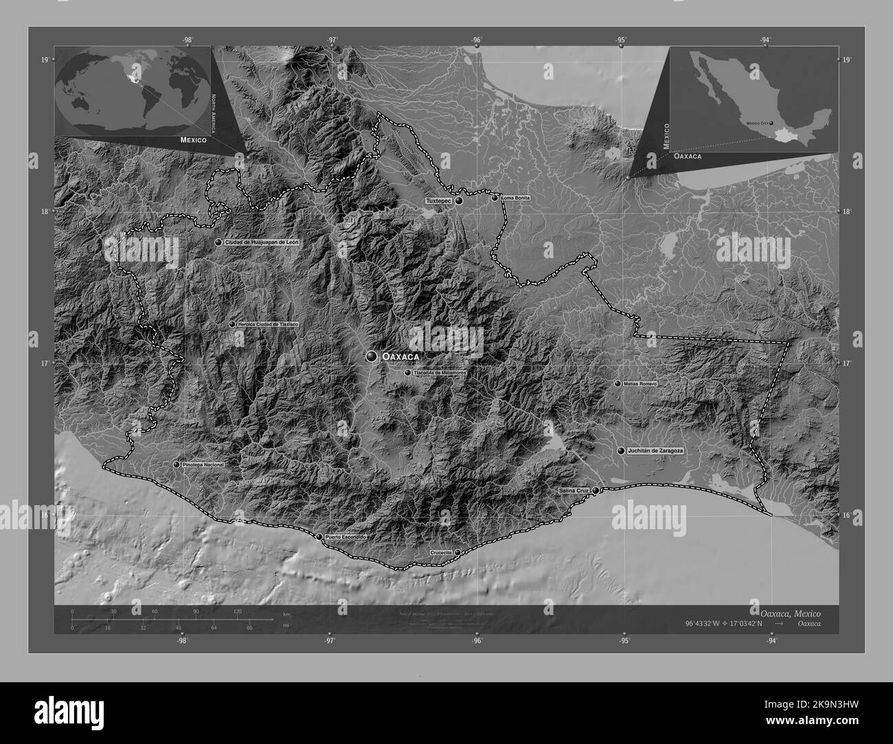 Oaxaca, Bundesstaat Mexiko. Bilevel-Höhenkarte mit Seen und Flüssen. Orte und Namen der wichtigsten Städte der Region. Karte für zusätzliche Eckposition Stockfoto