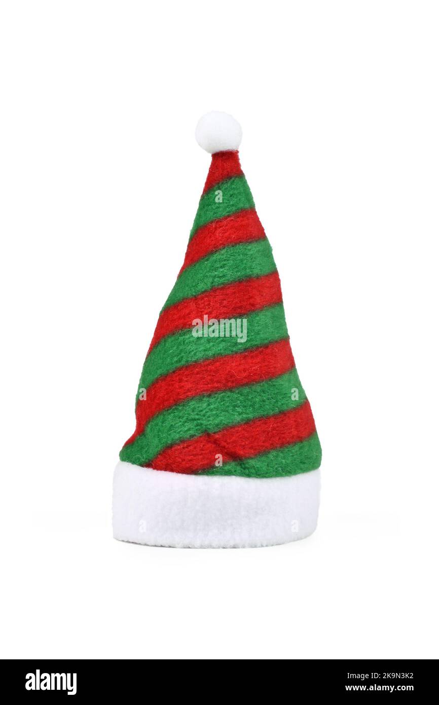Grün und rot gestreifter Weihnachtsmann Hut auf weißem Hintergrund Stockfoto