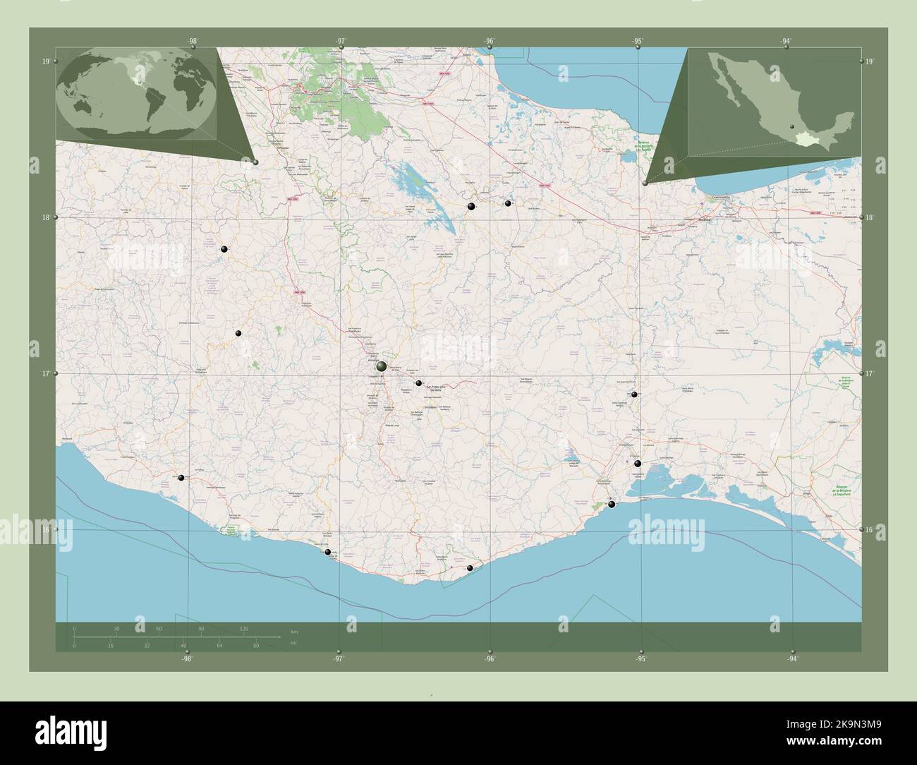 Oaxaca, Bundesstaat Mexiko. Öffnen Sie Die Straßenkarte. Standorte der wichtigsten Städte der Region. Karten für zusätzliche Eckposition Stockfoto