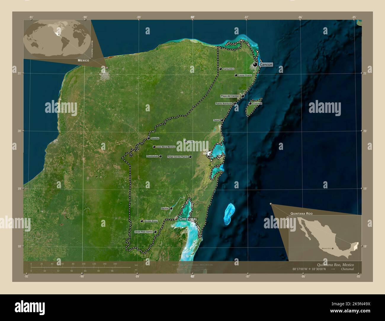 Quintana Roo, Bundesstaat Mexiko. Hochauflösende Satellitenkarte. Orte