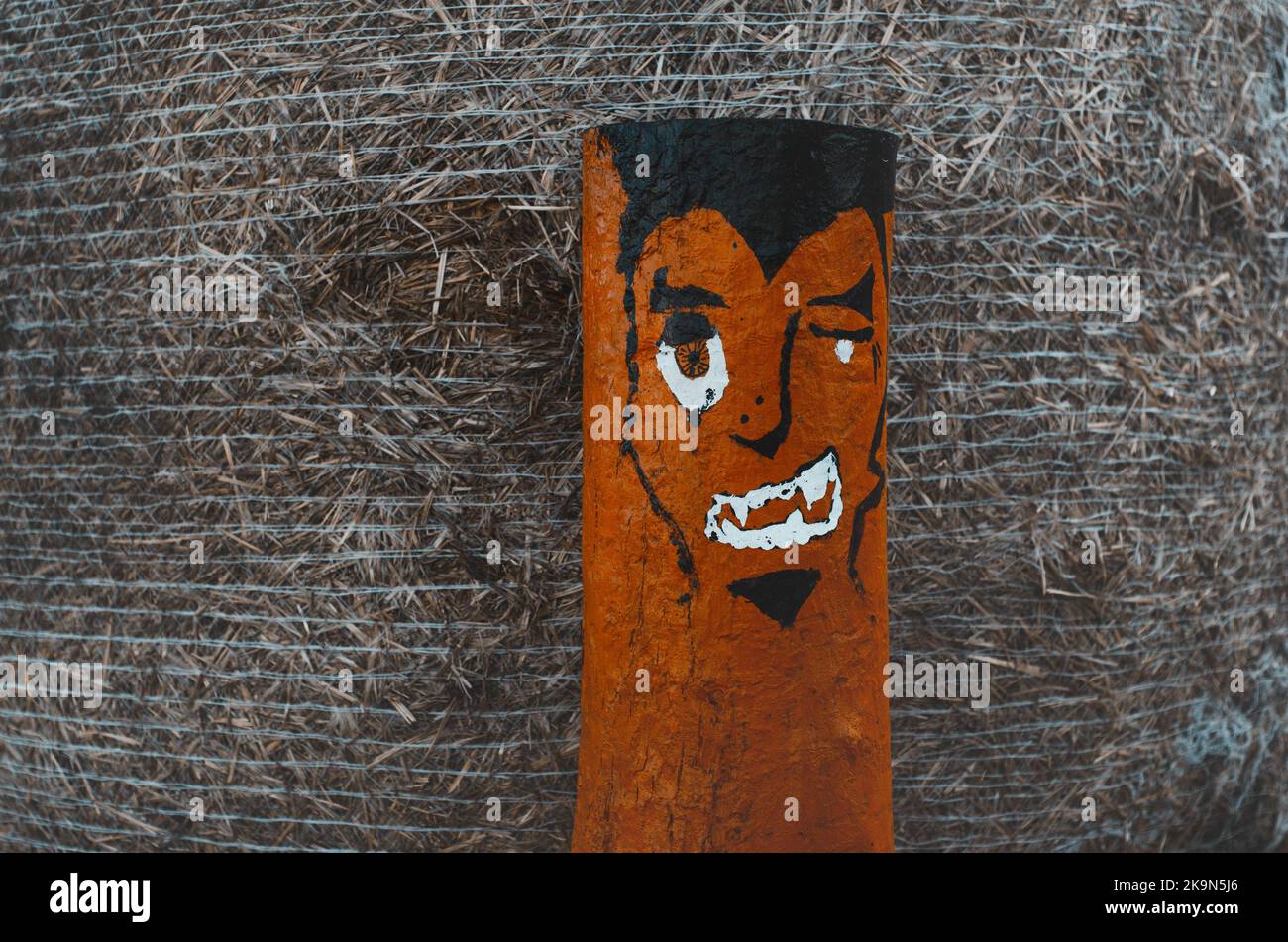 Fotozone für Halloween mit festlichen handgefertigten Utensilien. Monsterdekorationen für Halloween im Freien Stockfoto