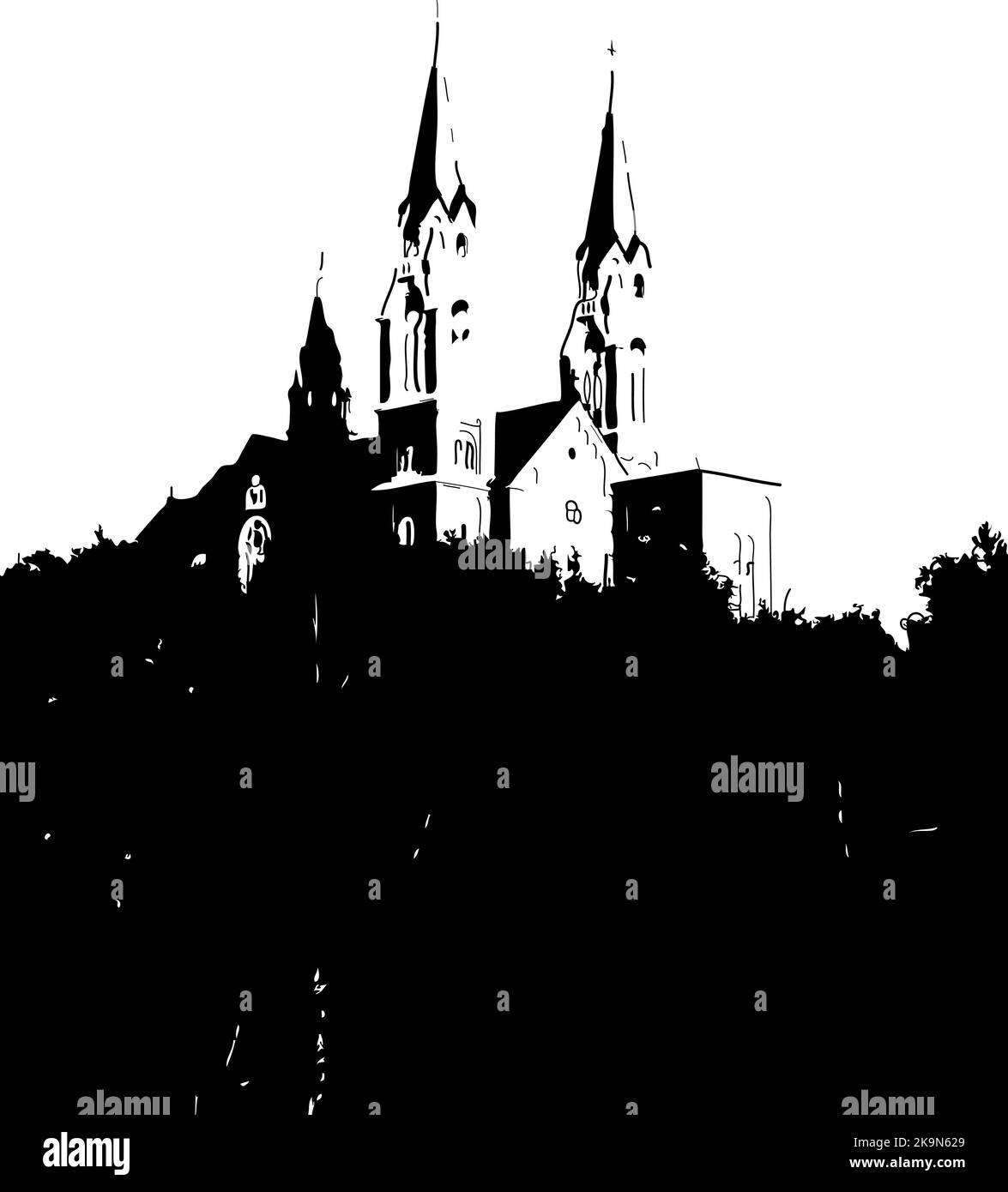 Kirche mit Kirchtürmen, hoch oben auf einem Hügel. Schwarz-Weiß-Abbildung. Stock Vektor