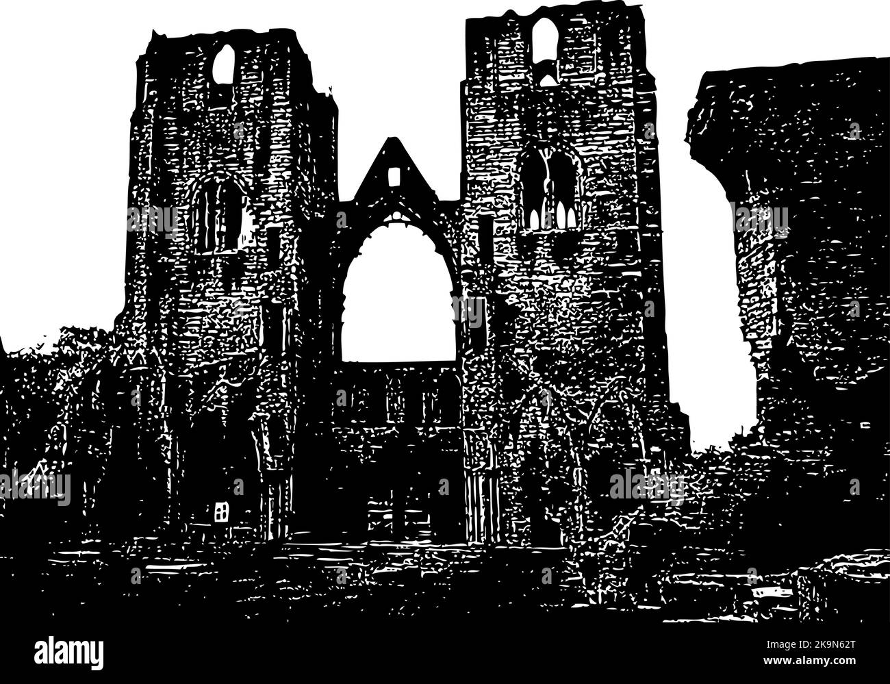 Alte Ruinen von der alten Kirche mit Türmen und Eingang. Kontrastreiche Schwarz-Weiß-Darstellung. Elgin Stock Vektor