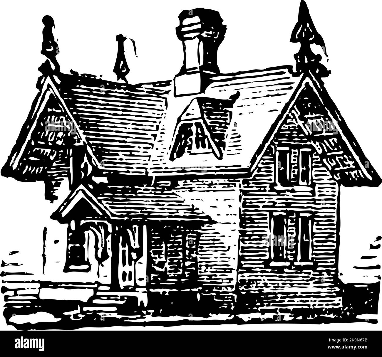 Victorian Home Illustration late1800s schwarz-weiß Zeichnung lineart. Stock Vektor