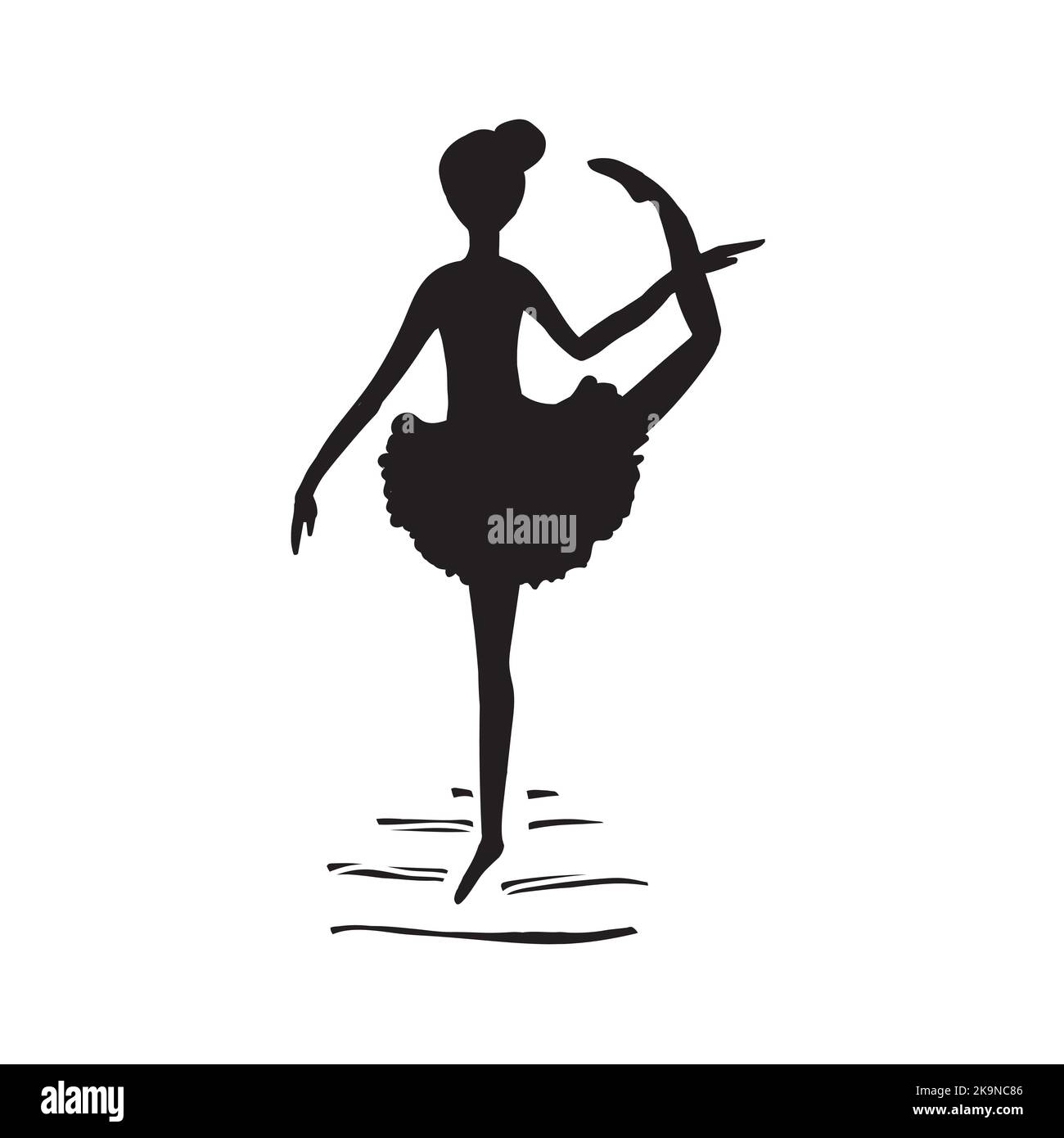 Ballerina-Balletttänzerin tanzt im Tutu-Rock mit schwarzer Silhouette auf weißem Hintergrund. Stock Vektor