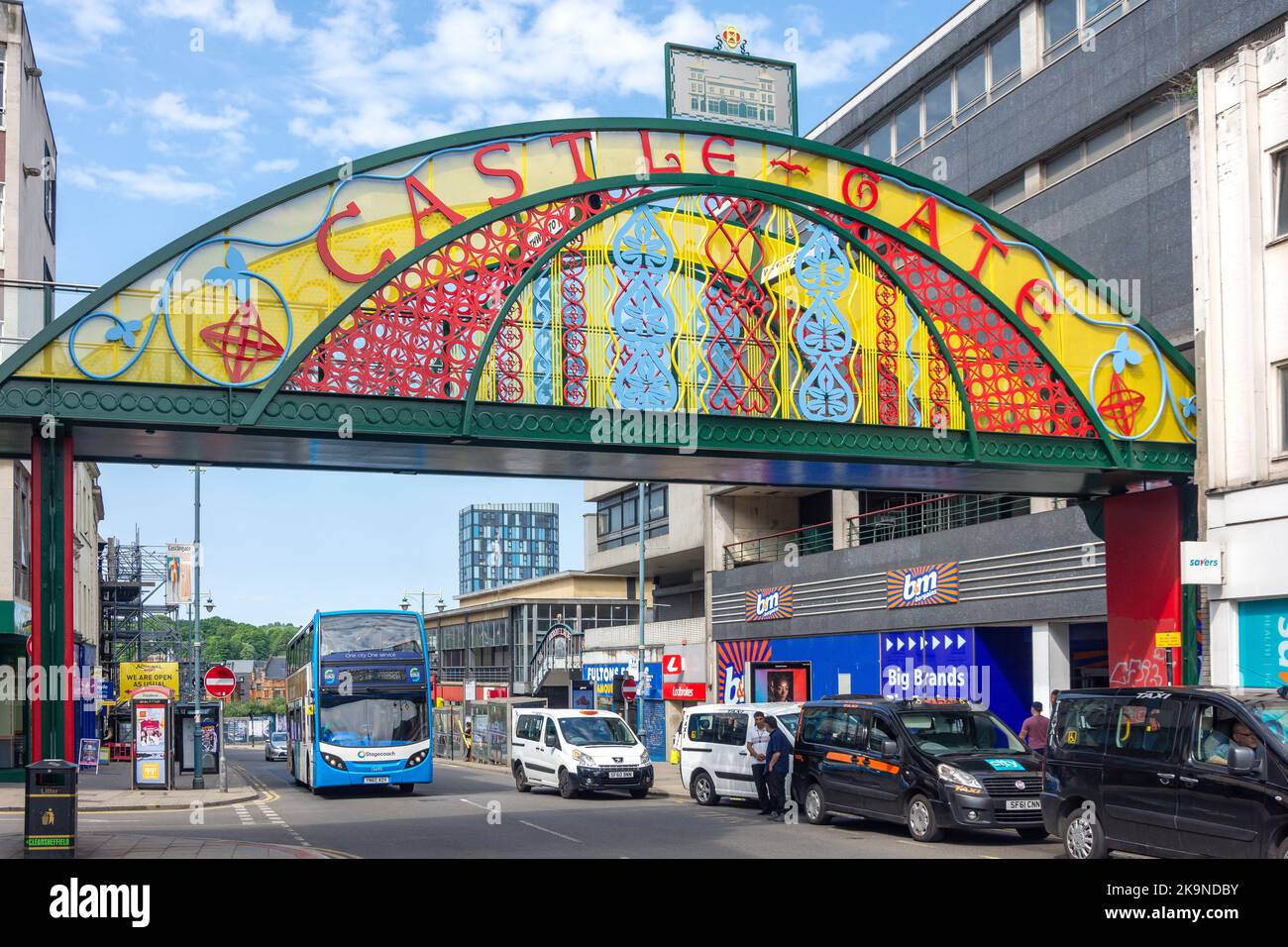 Castlegate Quarter Eingangsschild, Haymarket, Sheffield, South Yorkshire, England, Vereinigtes Königreich Stockfoto