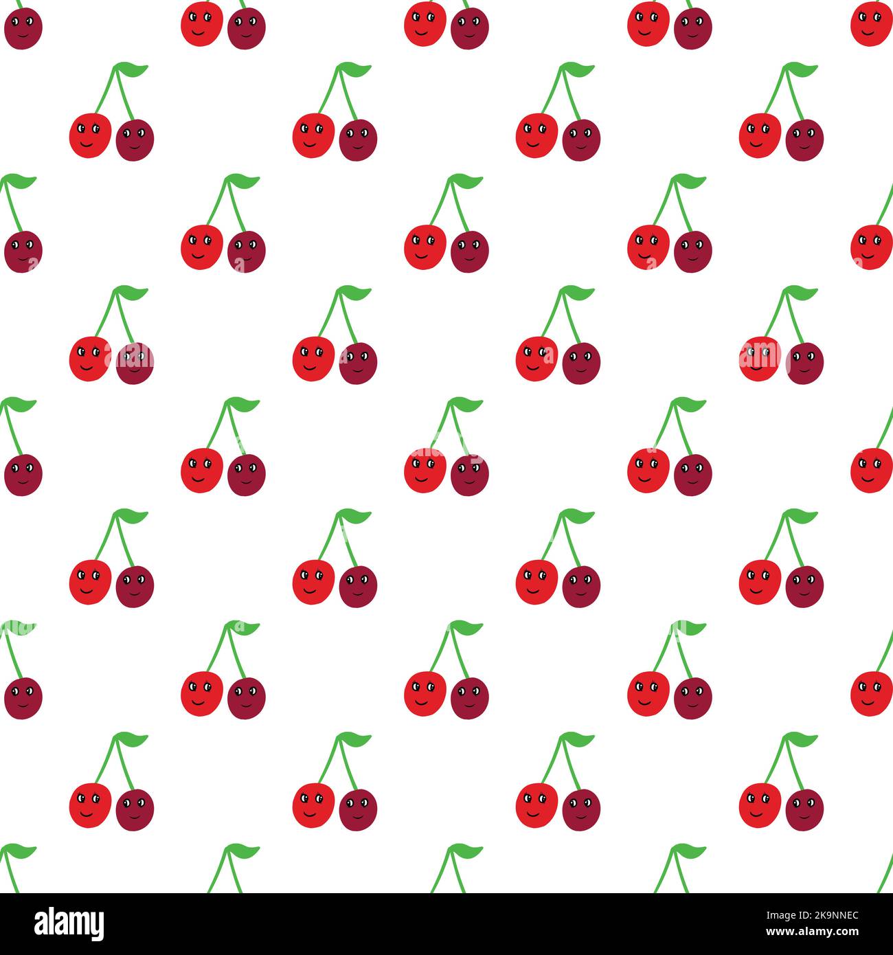 Nahtloses Vektor-Muster mit Beeren. Kirschen mit Augen und Lächeln im Cartoon-Stil. Wiederholende Druckhintergrundtextur. Stoff in farbenfrohem Dessin Stock Vektor