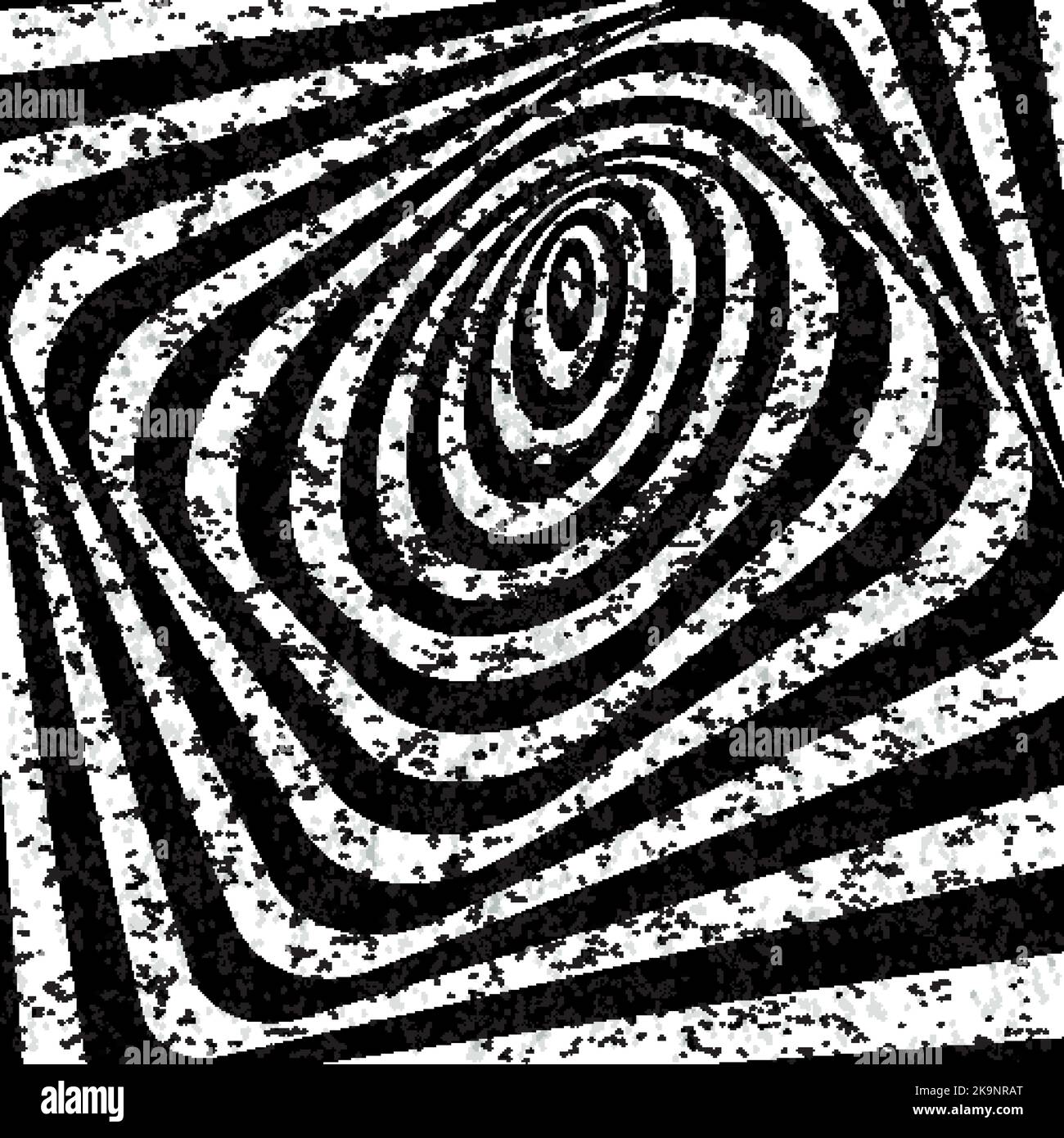 Abstrakter, verdrehter schwarz-weißer Hintergrund. Optische Täuschung einer verzerrten Oberfläche mit gestrichelten Partikeln. Verdrehte Streifen. Stilisierter 3D-Tunnel. Stock Vektor