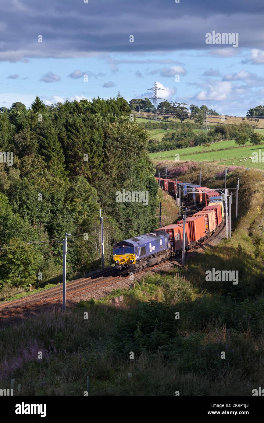 DIESELLOKOMOTIVE DB CARGO Klasse 66 auf der Hauptstrecke an der Westküste mit intermodalem Containerfrachtzug in der Landschaft von Cumbrien Stockfoto DIESELLOKOMOTIVE DB CARGO Klasse 66 auf der Hauptstrecke an der Westküste mit intermodalem Containerfrachtzug in der Landschaft von Cumbrien Stockfoto