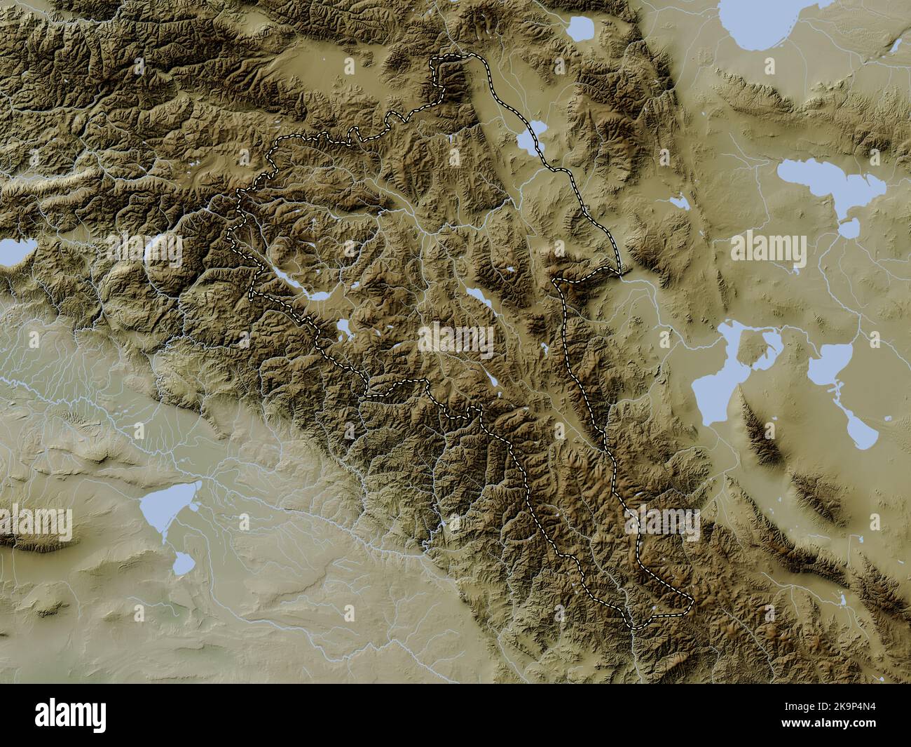 Bayan-Olgiy, Provinz Mongolei. Höhenkarte im Wiki-Stil mit Seen und Flüssen Stockfoto