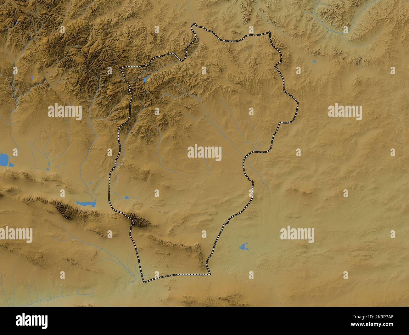 Ovorhangay, Provinz Mongolei. Farbige Höhenkarte mit Seen und Flüssen Stockfoto