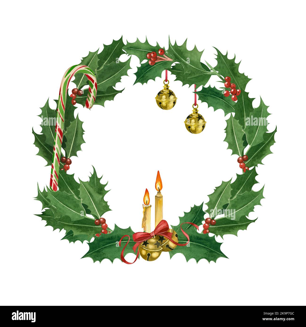 Runder Weihnachtskranz aus Stechpalme, handbemalt in Aquarell auf weißem Grund. Stockfoto
