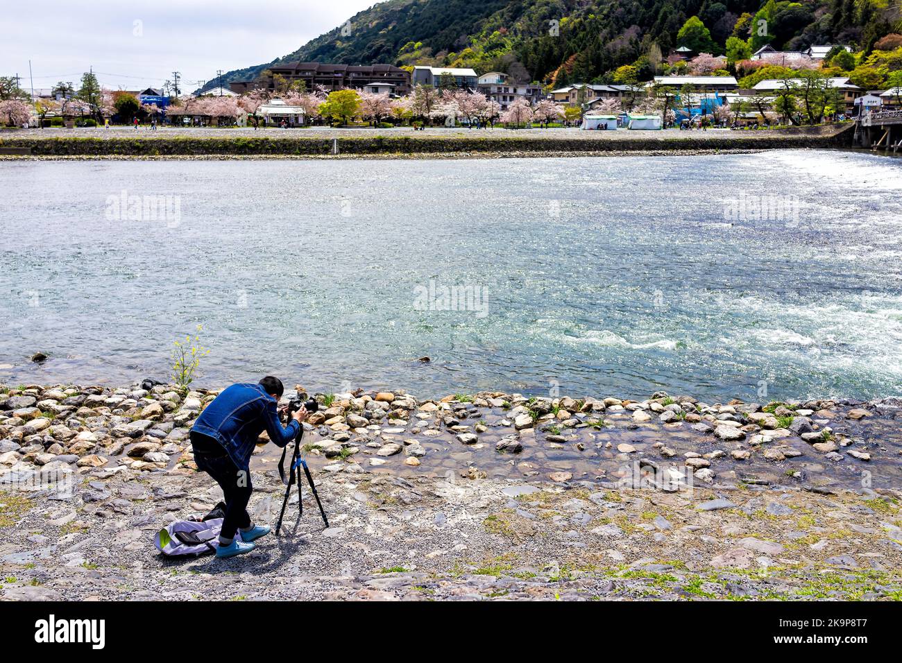 Kyoto, Japan - 11. April 2019: Professioneller Fotograf, der im Frühjahr die Brücke von Togetsu-kyo am Fluss Katsura am Arashiyama Park fotografiert Stockfoto