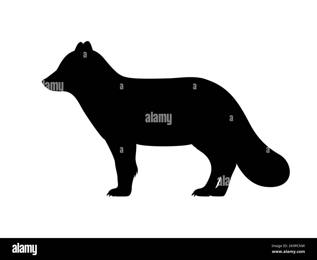 Silhouette des arktischen Fuchses. Vektor-Illustration schwarze Silhouette eines flauschigen nördlichen polaren arktischen Fuchs isoliert auf weiß. Logo-Symbol, Seitenansicht. Stock Vektor