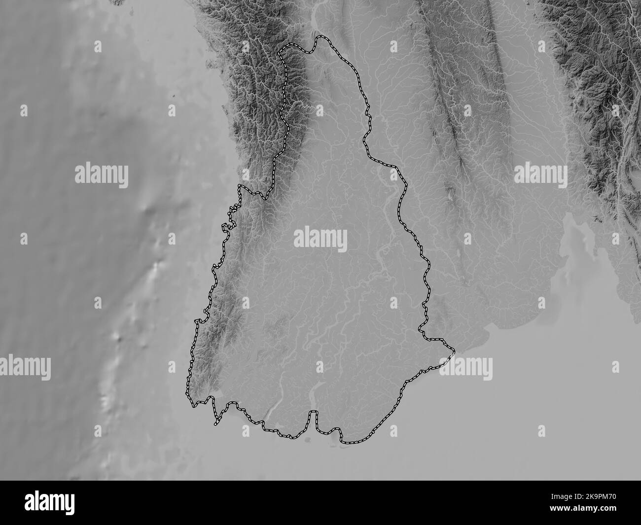 Ayeyarwady, Division von Myanmar. Höhenkarte in Graustufen mit Seen und Flüssen Stockfoto