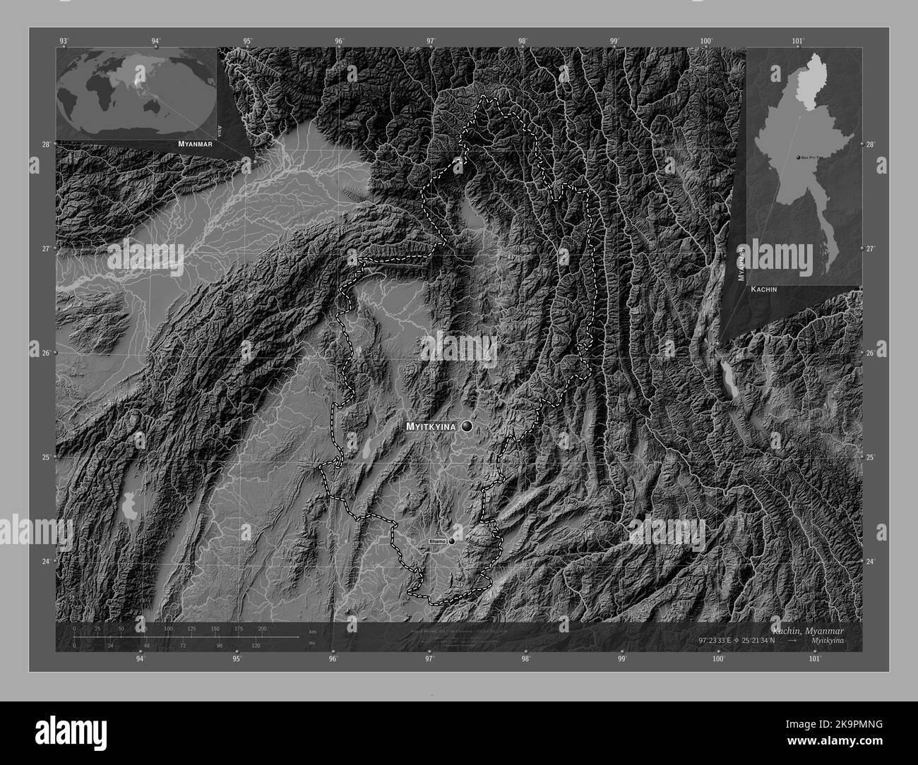 Kachin, Bundesstaat Myanmar. Bilevel-Höhenkarte mit Seen und Flüssen. Orte und Namen der wichtigsten Städte der Region. Ecke Zusatzposition ma Stockfoto
