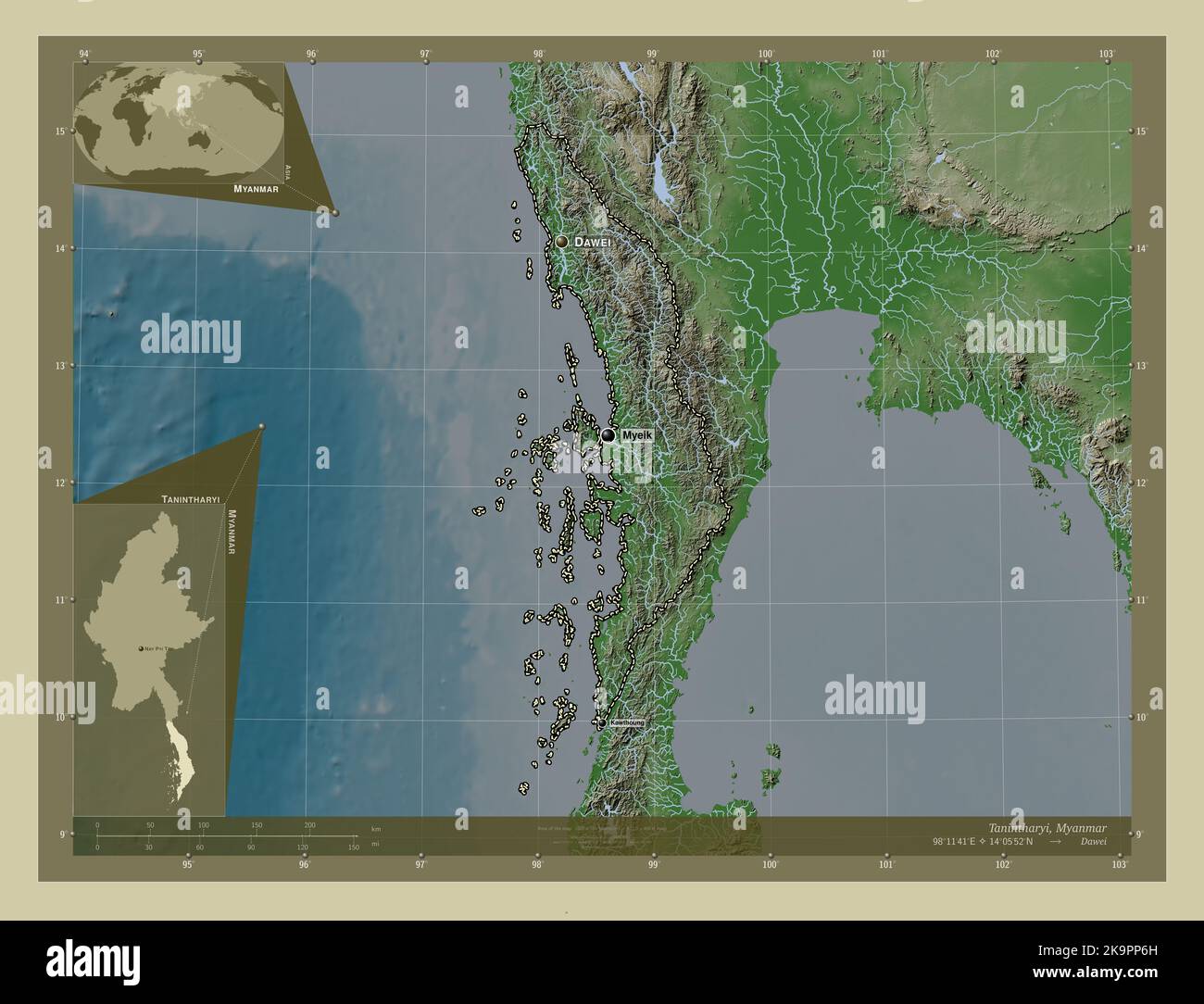 Tanintharyi, Division von Myanmar. Höhenkarte im Wiki-Stil mit Seen und Flüssen. Orte und Namen der wichtigsten Städte der Region. Ecke Stockfoto