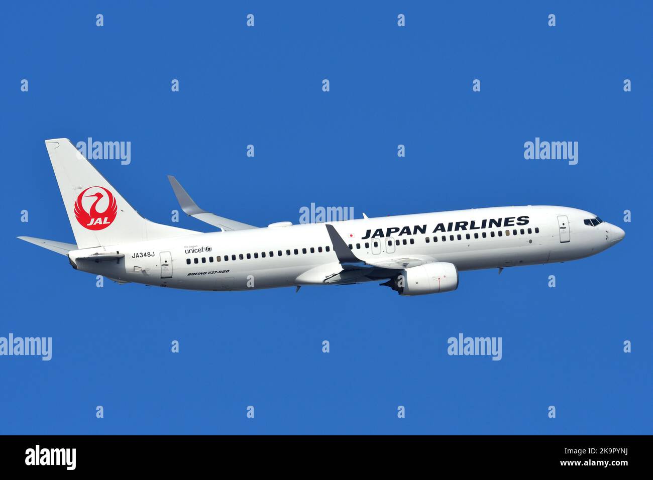 Tokio, Japan – 05. März 2022:das Passagierflugzeug Boeing B737-800 (JA348J) von Japan Airlines (JAL) nimmt am internationalen Flughafen Tokio ab. Stockfoto
