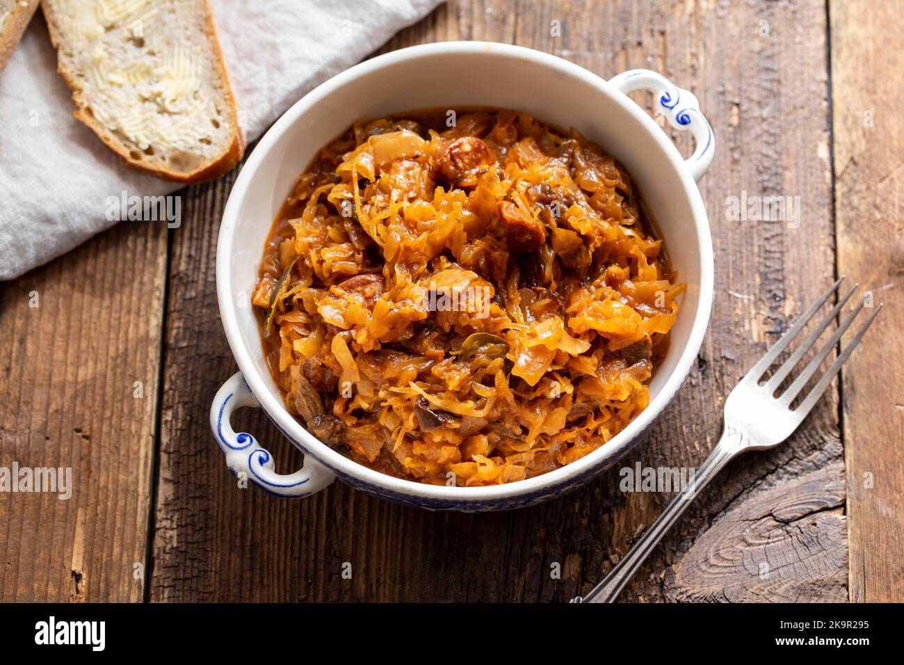 Traditionelles polnisches Gericht aus Bigos, Kohl mit Fleisch, Pilzen und Pflaumen Stockfoto