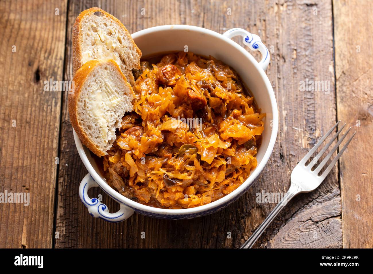 Traditionelles polnisches Gericht aus Bigos, Kohl mit Fleisch, Pilzen und Pflaumen Stockfoto